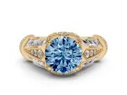 Fancy Blue Round Cut Diamond Vintage-Inspired Milgrain Ring Set in Yellow gold with Accent Split Shank