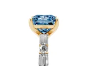 Fancy Blue Princess Cut Diamond Solitaire Set in Yellow gold with Side Baguettes and Channel Set Band