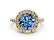 Round Vintage Milgrain Halo Engagement Ring Setting for a Fancy Blue Lab-Grown Diamond | Pierced Gallery | Yellow Gold