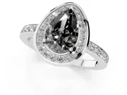 Fancy Black Pear Cut Diamond Halo Ring Set in White gold with Bezel Frame and Pavé Band