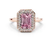 Fancy Pink Emerald Cut Diamond Halo Engagement Ring Set in Rose gold with Solitaire Band and Prong Setting