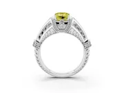 Fancy Yellow Emerald Cut Diamond Vintage-Inspired Milgrain Ring Set in White gold with Accent Split Shank