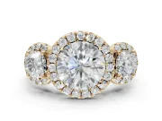 Round Three Stone Halo Engagement Ring Setting | Haloed Side Stones | Yellow Gold