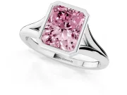 Fancy Pink Bezel Set Radiant Cut Diamond Solitaire Ring Set in Platinum with Tapered Band