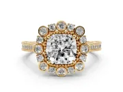 Cushion Cut Diamond Halo Milgrain Pavé Ring Set in Yellow gold with Prong Setting