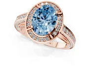 Fancy Blue Oval Cut Diamond Halo Pavé Split Shank Ring Set in Rose gold with Prong Setting