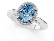 Fancy Blue Oval Cut Diamond Halo Engagement Ring Set in White gold with Plain Split Shank and Prong Setting