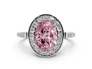 Fancy Pink Oval Cut Diamond Halo Ring Set in Platinum with Accent-Lined Split Shank and Prong Setting