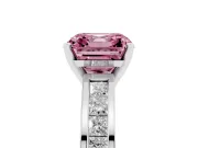 Fancy Pink Asscher Cut Diamond Solitaire Ring Set in White gold with Channel-Set Band and Prong Setting