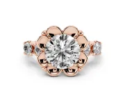 Round Floral Engagement Ring Setting | Petal Frame and Side Stones | Rose Gold