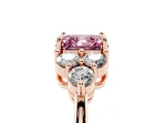Fancy Pink Asscher Cut Diamond Solitaire Ring Set in Rose gold with Cluster Accents on Each Side