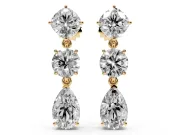 Multi-Shape Lab-Grown Diamond Three Stone Drop Earrings | Cushion Round and Pear | Yellow Gold