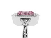 Fancy Pink Emerald Cut Diamond Halo Engagement Ring Set in White gold with Milgrain Pavé Band