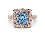 Fancy Blue Princess Cut Diamond Halo Milgrain Pavé Ring Set in Rose gold with Prong Setting