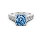 Fancy Blue Cushion Cut Diamond Solitaire Pavé Engagement Ring Set in Platinum with Prong Setting