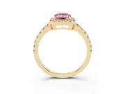 Fancy Pink Emerald Cut Diamond Halo Ring Set in Yellow gold with Delicate Pavé Band and Prong Setting