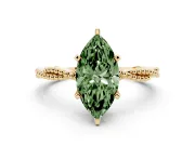Fancy Green Marquise Cut Diamond Solitaire Ring Set in Yellow gold with Twisted Band and Bead Prong Setting