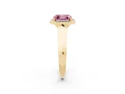 Fancy Pink Asscher Cut Diamond Halo Ring Set in Yellow gold with Cathedral Band and Prong Setting