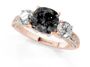 Fancy Black Cushion Cut Diamond Three-Stone Ring Set in Rose gold with Round Side Stones and Pavé Band