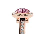 Fancy Pink Round Cut Diamond Halo Solitaire Ring Set in Rose gold with Pavé Band and Bezel Setting