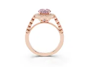 Fancy Pink Oval Cut Diamond Milgrain Halo Solitaire Ring Set in Rose gold with Bezel Set Side Stones and Pavé Band
