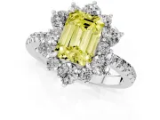 Fancy Yellow Emerald Cut Diamond Floral Halo Ring Set in Platinum with Round Pavé Band and Prong Setting