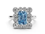 Emerald Cut Milgrain Cluster Halo Engagement Ring Setting for a Fancy Blue Lab-Grown Diamond | Plain Band | Platinum