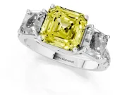 Asscher Cut Three Stone Engagement Ring Setting for a Fancy Yellow Lab-Grown Diamond | Accented Shoulders | Platinum