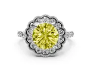 Fancy Yellow Round Cut Diamond Milgrain Floral Halo Engagement Ring Set in Platinum with Pavé Band