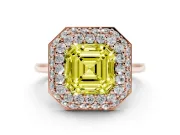 Fancy Yellow Asscher Cut Diamond Halo Engagement Ring Set in Rose gold with Solitaire Band and Prong Setting