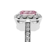 Fancy Pink Emerald Cut Diamond Floral Halo Ring Set in Platinum with Pavé Band and Prong Setting