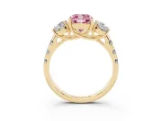 Fancy Pink Cushion Cut Diamond Three-Stone Ring Set in Yellow gold with Pavé Band