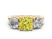 Cushion Cut Three Stone Engagement Ring Setting for a Fancy Yellow Lab-Grown Diamond | Wide Plain Band | Yellow Gold