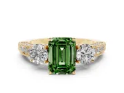 Fancy Green Emerald Cut Diamond Three-Stone Ring Set in Yellow gold with Round Side Stones and Pavé Band