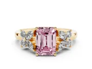 Fancy Pink Emerald Cut Diamond Floral Cluster Ring Set in Yellow gold with Marquise Petals and Prong Setting