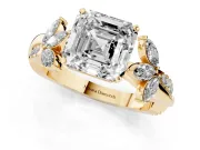 Asscher Cut Diamond Floral Vine Solitaire Engagement Ring Set in Yellow gold with Marquise Leaves
