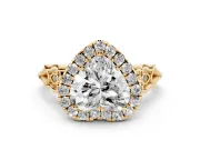 Heart Cut Diamond Halo Engagement Ring Set in Yellow gold with Filigree Band and Prong-Set Center
