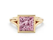 Fancy Pink Bezel Set Princess Cut Diamond Solitaire Ring Set in Yellow gold with Tapered Band