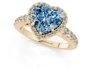 Fancy Blue Heart Cut Diamond Halo Engagement Ring Set in Yellow gold with Pavé Band and Prong Setting