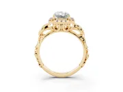 Radiant Cut Diamond Halo Ring Set in Yellow gold with Scrollwork Band and Prong Setting