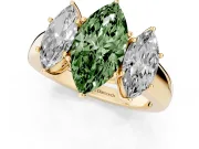 Fancy Green Three-Stone Marquise Cut Diamond Ring Set in Yellow gold with Matching Prong Settings and Plain Band