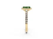 Fancy Green Emerald Cut Diamond Halo Engagement Ring Set in Yellow gold with Pavé Band and Prong Setting