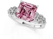 Fancy Pink Asscher Cut Diamond Cluster Engagement Ring Set in Platinum with Pavé Band and Prong Setting