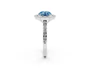 Fancy Blue Round Cut Diamond Milgrain Floral Halo Engagement Ring Set in White gold with Pavé Band