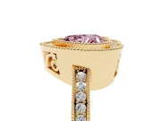 Fancy Pink Heart Cut Diamond Round Halo Ring Set in Yellow gold with Pavé Band