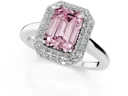 Fancy Pink Emerald Cut Diamond Halo Engagement Ring Set in White gold with Solitaire Band and Prong Setting