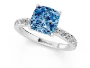 Fancy Blue Cushion Cut Diamond Solitaire Set in Silver with Round Pavé Band and Prong Setting