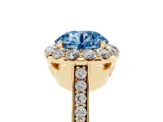 Fancy Blue Round Cut Diamond Floral Halo Ring Set in Yellow gold with Pavé Band and Prong Setting