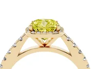 Fancy Yellow Cushion Cut Diamond Halo Engagement Ring Set in Yellow gold with Pavé Band and Prong Setting