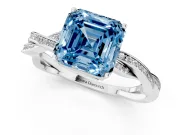 Fancy Blue Asscher Cut Diamond Solitaire Twisted Pavé Ring Set in Platinum with Prong Setting